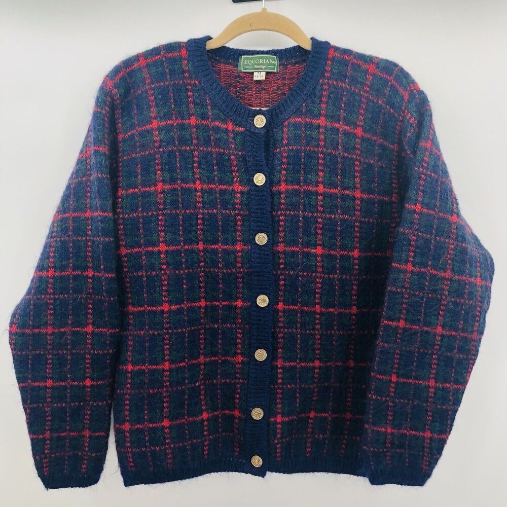 Vintage Equorian Heritage Mohair Blend Cardigan Sweater Navy Plaid Size M 14/16